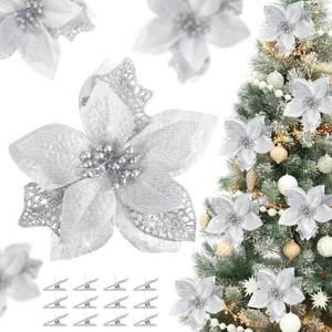 lot 40813 image: 36 Pcs Glitter Poinsettia Flowers Artificial Ornaments Fake Flower Christmas Tree Decorations Glitzy with Clips for DIY Xmas Wreaths Holiday Home Party Decor (Silver)
