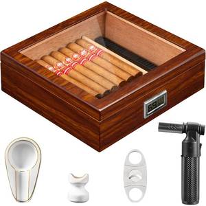 lot 40815 image: SLIGHT DAMAGE SEE PHOTOS Flauno Cigar Humidor with Torch, Ashtray, Holder, Cutter, Digital Hygrometer, Humidifier, Divider, Cedar Wood Lining Desktop Humidor for 40-60 Cigars, High Gloss Finish Cigar Box for Africionado