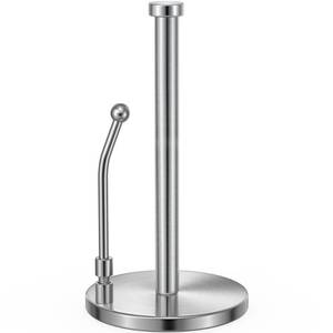 lot 40817 image: SMARTAKE Paper Towel Holder, Paper Towel Dispenser Standing Weighted Base Non Slip, Spring Arm for Easy Tear, Stainless Steel Paper Towel Holder for Home Kitchen Countertop Tabletop, Silver