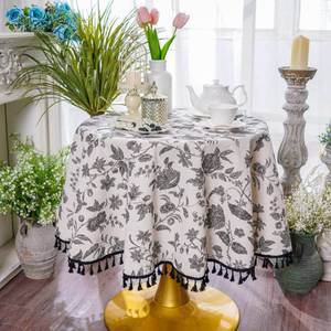 lot 40821 image: SUTAVIA Boho Cotton Linen Tablecloth Bohemian Black Floral Beige Fabric Tassel Lace Farmhouse Table Top Dust-Proof for Home Kitchen Holiday Party Dining Table (Black Flower, 60 Round)