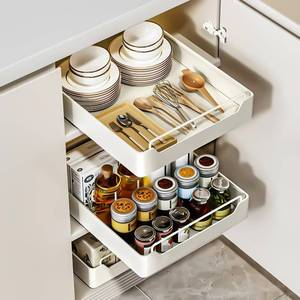 lot 40834 image: ONE ORGANIZER QUSEHA Pull Out Cabinet Organizer Fixed With Adhesive Nano Film, Heavy Duty Slide Out Pantry Shelves, Sliding Drawer Pantry Shelf for Kitchen, Living Room, Home,12.2 W x16.9 D x 2.75 H