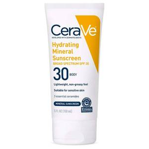 lot 40845 image: CeraVe 100% Mineral Sunscreen SPF 30 with Zinc Oxide & Titanium Dioxide, Hyaluronic Acid & Ceramides, Oil Free, Non-Greasy, Hydrating Mineral Sunscreen For Body, 5 oz
