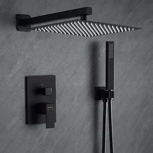 lot 40860 image: Fransiton 10 Inches Matte Black Shower System Rain Shower System Set Wall Mounted, Rainfall Shower Head with Handheld, Bathroom Shower Kit (Valve Included) - Retail $87.63