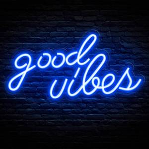 lot 40902 image: Olekki Blue Good Vibes Neon Sign - LED Neon Signs for Wall Decor, Neon Lights for Bedroom, Neon Wall Signs (16.1 x 8.3 inch)
