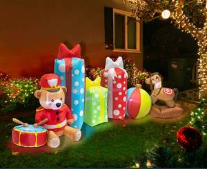lot 40923 image: FLATO 10.5FT Inflatable Christmas Decoration with Teddy Bear, Rocking Horse, Rainbow Ball & Gift Boxes, LED-Lit Blow Up Holiday Yard Decor, Festive Outdoor Xmas Lawn and Party Display