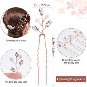 lot 40931 image: ONLY THREE Pcs Crystal Bride Hair Pins Bridal Wedding Pearl Rhinestone Hair Pieces Vintage Wedding Accessory Party for Women Bridesmaids(Rose Gold)