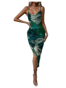 lot 40932 image: SOLY HUX Womens Tie Dye Cowl Neck Split Hem Bodycon Cami Dress Backless Long Dresses Green Tie Dye S
