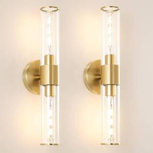 lot 40946 image: Gold Wall Sconces Set of 2, Hardwired Bathroom Vanity Light Fixture, Brass Sconce Wall Lighting, Modern Wall Light Set of Two, Cylinder Lamp for Bathroom Mirror Hallway Bedroom (Bulbs Required) - Retail $78.72