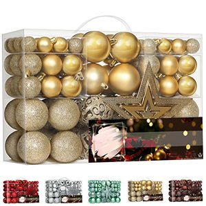 lot 40953 image: 101 Piece Christmas Balls Ornaments Luxury Set Xmas Tree Topper and Hang Rope, Emopeak Christmas Baubles - Shatterproof Mini Holiday Balls for Christmas Decorations, Gold