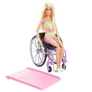 lot 40971 image: Barbie Fashionistas Doll #194 with Wheelchair & Ramp, Straight Blonde Hair & Rainbow Romper with Accessories