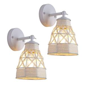 lot 40972 image: Dijiahua White Wall Sconces Set of 2, Bohemian Modern Light Fixtures with Metal Shade, Farmhouse Handmade Hemp Rope Woven Rattan Craft to Decor Indoor Bedroom, Living Room, Hallway, Kitchen