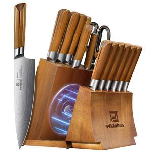 lot 40980 image: (See Photos) Kitchen Knife Sets With Block, Piklohas 15 Pieces Knife Sets With Magnetic Detachable Knife Holder, High Carbon Steel Damascus Pattern Chef Knife Set With Steak Knives, Ideal For House Warming Gift - Retail $109.98