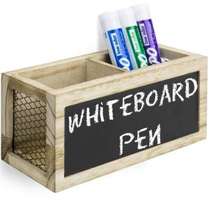 lot 40988 image: MyGift Rustic Beige Wood Magnetic Whiteboard Marker Holder, Dry Erase Markers and Eraser Storage Box with Chalkboard Front Panel and Mesh Metal Wire Side Panels