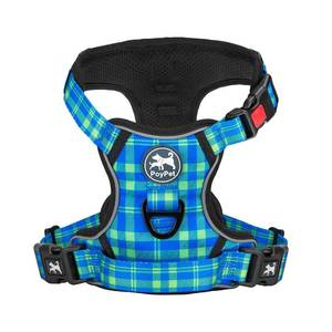 lot 41015 image: PoyPet No Pull Dog Harness, Reflective Adjustable No Choke Pet Vest with Front & Back 2 Leash Attachments, Soft Control Training Handle for Small Medium Large Dogs(Checkered Blue & Green,M)