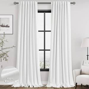 lot 41019 image: White Linen Blackout Curtains 120 Inch Length 2 Panels Set Burg Extra Long 10 Ft Back Tab Pocket Drapes Cotton Textured Total Sun Blocking Curtains for Living Room Cottage High Window 50w X 120l