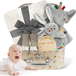 lot 41029 image: Baby Boy Gift Basket Set, Unique Baby Gift Basket Set, New Baby Boy Gift Basket, New Baby Gift Basket Set with Baby Blanket, Baby Rattle, Bunny, Keepsake Milestone, Elephant Toy, Baby Socks