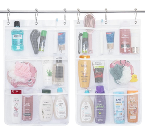 lot 41044 image: Lifewit Mesh Shower Caddy, 7 Pockets Hanging Shower Organizer with Quick Drying Mesh, Portable Space Saving Bathroom Organizer to Hold Soap, Shampoo and Cruise Ship Essentials, White, 2 Pack