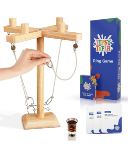 lot 41045 image: TIPSYTOPIA Wooden Ring Toss Game for Adults - 4 Player Design Hook and Ring Game with Shot Glass  Truth or Drink Card Game - Sturdy Ring Swing Hook Game & Fun Drinking Games for Party, Camping &
