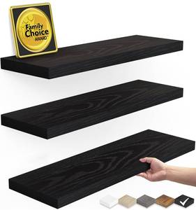 lot 41102 image: BAYKA Floating Shelves for Wall, Wall Mounted Rustic Wood Shelves for Bathroom, Bedroom, Living Room, Kitchen, Hanging Shelf for BooksStorageRoom Decor with 22lbs Capacity (Black, Set of 3, 15.7in)
