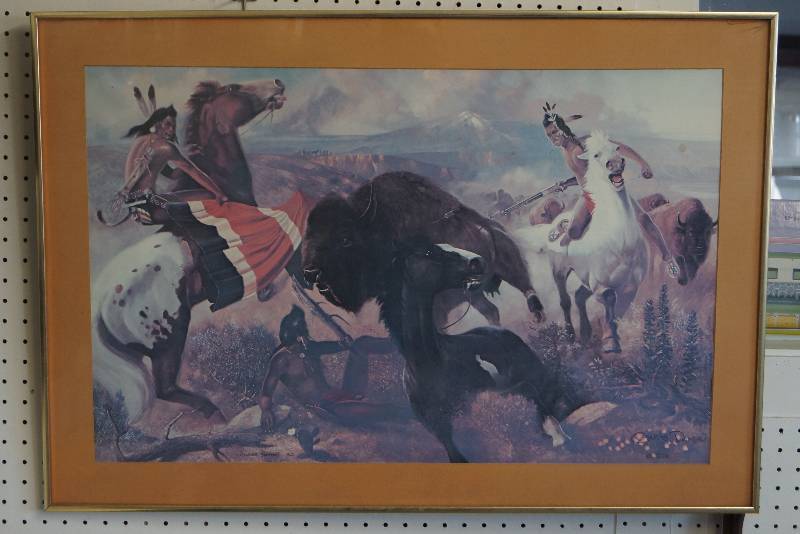 lot 457 image: Charles Damron Print- Numbered 206-  Indians and Buffalo- Western Scene- Framed