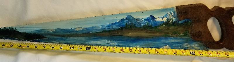 lot 352 image: Saw With Handpainted MuralPicture-  Rustic Decor