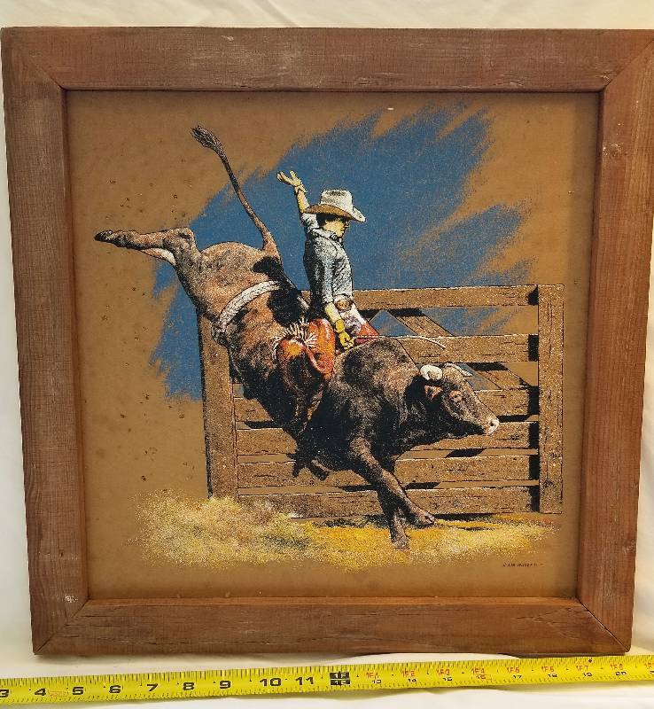 lot 358 image: Cool Rustic Bull-Rider Framed Picture