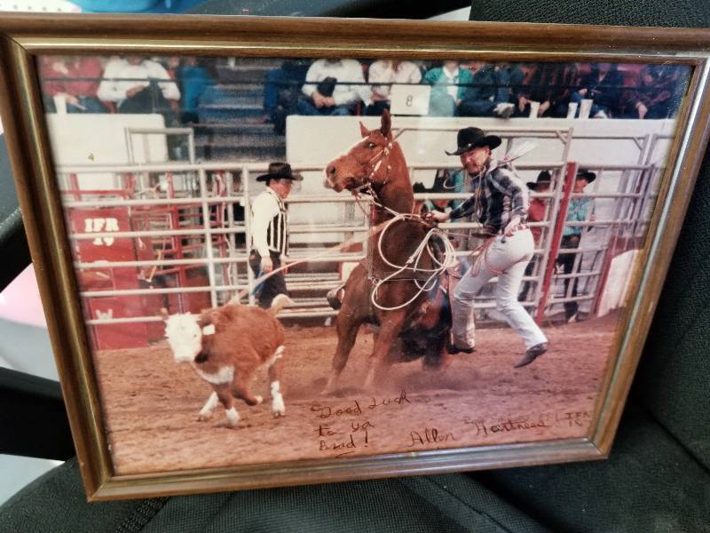 lot 367 image: Signed Framed Rodeo Star Allen Hartness Picutre- Calf Roping