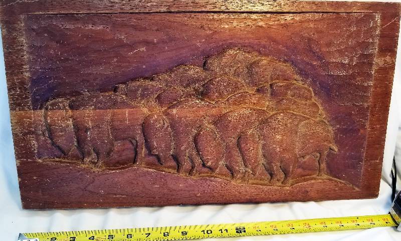 lot 368 image: Hand Carved Wood Buffalo Picture- Unique