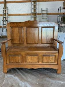 lot 48011 image: Oak High-Back Storage Bench 42 X 46 X 17
