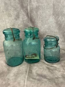 lot 48064 image: Set of 3 Vintage Ball Canning Jars Ideal Blue Glass Wire Bail