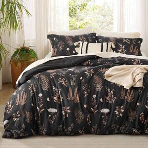 lot 22341 image: Bedsure Comforter Set King Size - Cute Floral Comforter, Black Bedding Comforter Sets, 1 Soft Reversible Botanical Flowers Comforter and 2 Pillow Shams