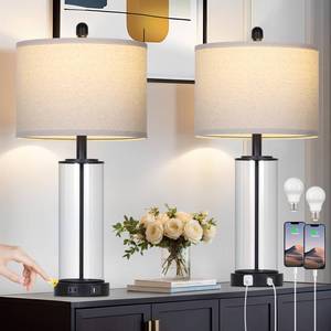 lot 22343 image: 26 Black Glass Table Lamps Set of 2, 3-Way Dimmable Touch Control Living Room Lamp with USB CA Ports & AC Outlet, Modern Bedside Lamps, Elegant Bedroom Lamps for Nightstand Side End Table Desk - Retail $89.38
