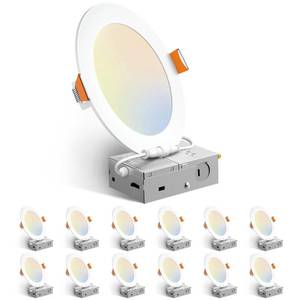 lot 22361 image: Amico 12 Pack 6 Inch 5CCT Ultra-Thin LED Recessed Ceiling Light with Junction Box, 1050LM Brightness, Dimmable Canless Wafer Downlight, 12W, ETL&FCC - Retail $83.28