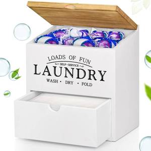 lot 22364 image: Dryer Sheet Container for Laundry Room Organization, Laundry Pods Container with Lid and Drawer, Laundry Detergent Dispenser Organizer Box, Wood Dryer Sheet Holder for Laundry Room Decor (White)