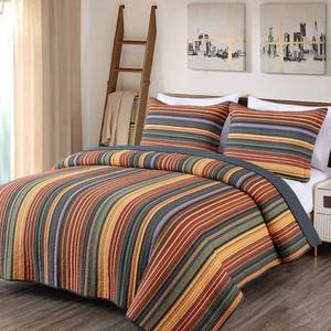 lot 22372 image: Chezmoi Collection Avery 3-Piece Multi-Color Striped 100% Washed Cotton Quilt Set King Size - Retail $86.99