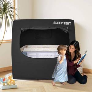 lot 22373 image: BORNA Crib Blackout Tent for Pack N Play, Brethable Baby Sleep Tent for Full Size Crib and Pack N Play, Baby Sleep Pod for Kids Blocks 70% Light - Retail $82.11
