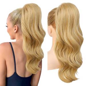 lot 22384 image: REECHO Ponytail Extension, Drawstring Ponytail Extension Long Wavy Layered Pony Tails Hair Extensions 22inch Natural Clip in Synthetic Hairpiece for Women, Golden Blonde with Highlights