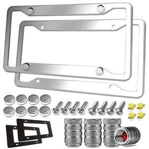 lot 22391 image: Stainless Steel License Plate Frames- 2 Pack Mirror Polished Car Plate Holder, with Screws, Chrome Caps, Heavy Duty Rustproof Metal Front Rear Car Tag Frame