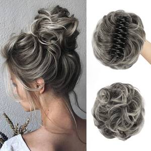 lot 22433 image: SOFEIYAN Claw Clip Messy Bun Hair Piece Synthetic Tousled Updo Hair Extensions Wavy Curly Hair Bun Clip in Claw Chignon Ponytail Hairpieces Scrunchie Hairpiece for Women, Gray with White Tips