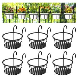 lot 22443 image: CADANI Iron Hanging Plant Holder Over The Rail Metal Fence Planters, Hanging Bucket Flower Pot Holder for Patio Balcony Outdoor Plants - Pack of 6 (Black)