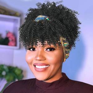 lot 22462 image: Black Kinky Curly Wig with Bangs & Headband - Short Afro Synthetic Wig with White Stripes - 4 Inch
