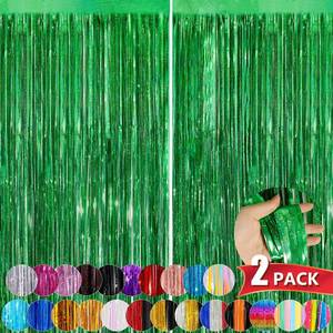 lot 22479 image: Green Metallic Tinsel Foil Fringe Curtains, 2 Pack 3.3x8.3 Feet Party Streamer for Birthday Party Decorations, Halloween Decor, Foil Curtain Backdrop for Bachelorette Party
