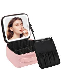 lot 22482 image: Chomeiu Makeup Bag with LED Mirror, Cute Cosmetic Bags Birthday Gifts for Girls Women, Makeup Train Case Artists Organizer Large Make Up Bags with Light Up Mirror 3 Color Lights, Pink
