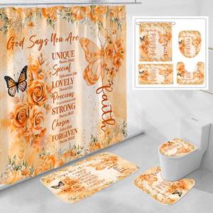 lot 22502 image: Litabel 4 Pcs Orange Butterfly Inspirational Quotes Shower Curtain Set with Rugs and Toilet Lid Cover, Colorful Boho Waterproof Fabric Bathroom Set, Bible Verse Floral Bathroom Decor Set Accessories