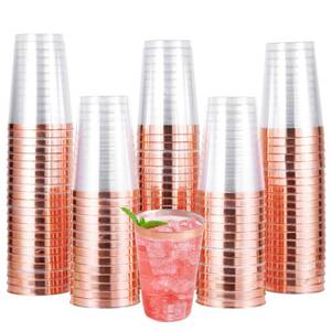 lot 22533 image: JOLLY CHEF 100 Pack Rose Gold Plastic Disposable Cups, 12 oz Clear Plastic Cups Tumblers, Elegant Rose Gold Rim Disposable Glasses Perfect for Party Wedding