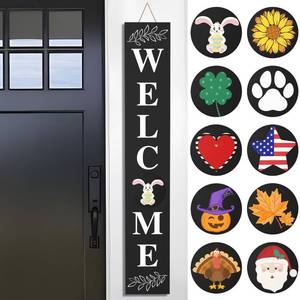 lot 22535 image: UBTKEY Welcome Sign for Front Porch Standing, 47 x 7.9, Easter Wood Sign with 10 Interchangeable Holiday Icons for Fall Halloween Decor, Black
