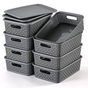 lot 22569 image: NETANY  8 Pack  Plastic Storage Baskets With Lids, Small Pantry Organization, Stackable Storage Bins, Household Organizers for Cabinets, Countertop, Drawers, Under Sink or On Shelves,Gray