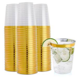 lot 22602 image: FOCUSLINE 10 oz Gold Plastic Cups, Disposable Clear Fancy Hard Plastic Cups, Gold Rimmed, Heavy Duty, Reusable,100 Count