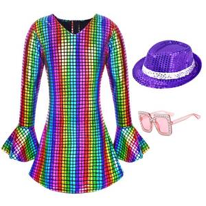 lot 22617 image: ZZIHAN 70s Hippie Costume Disco Diva Outfit for Kids Girls - 80s Party Sequins GoGo Dress With Accessories Disco Ball Handband, Sunglasses, Necklace for Halloween 9-10Y