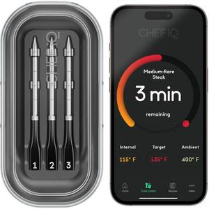 lot 22619 image: CHEF iQ Sense Smart Wireless Meat Thermometer with 3 Ultra-Thin Probes, Unlimited Range Bluetooth Meat Thermometer, Digital Food Thermometer for Remote Monitoring of BBQ Grill, Oven - Retail $138.98